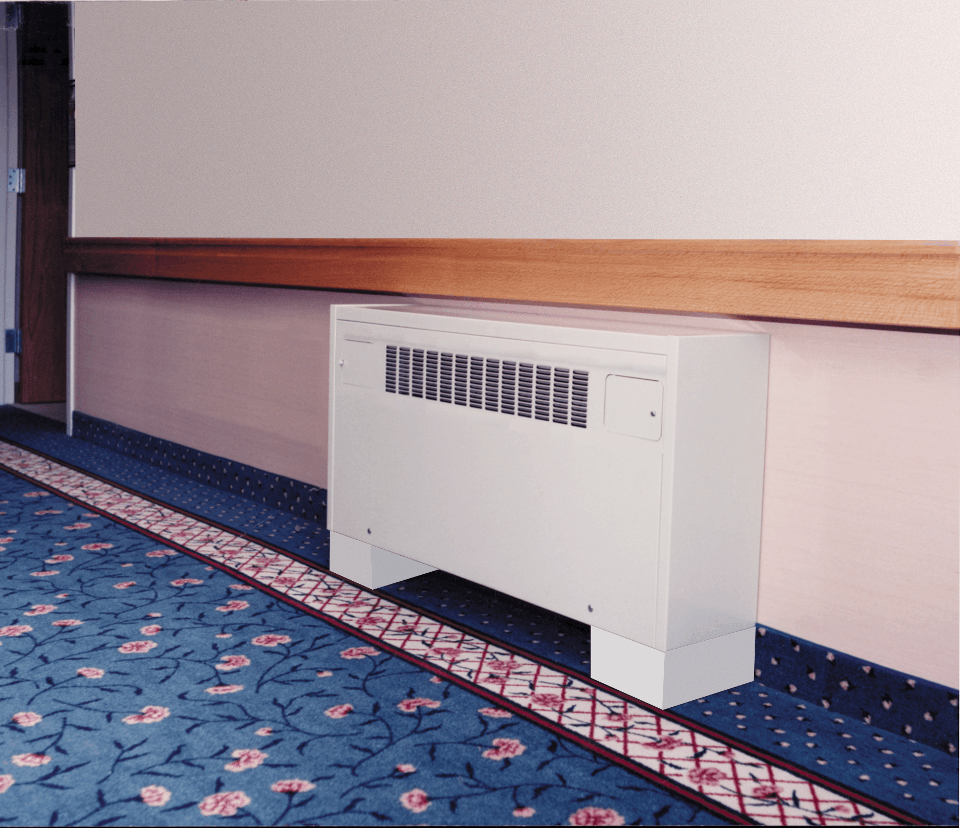 Black cabinet unit heater installed in the lobby of an academic building