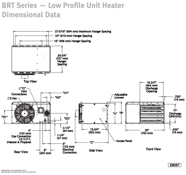 BRT Series Low Profile Unit Heater Dimensional Data